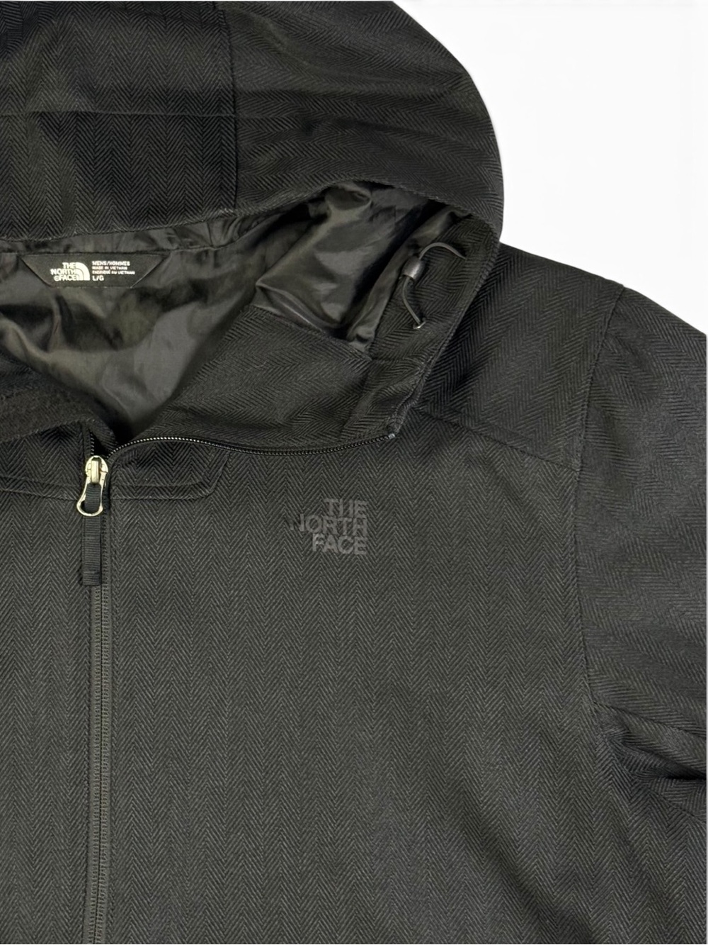 The North Face Herringbone Hooded Jacket Black Gray Fully Lined